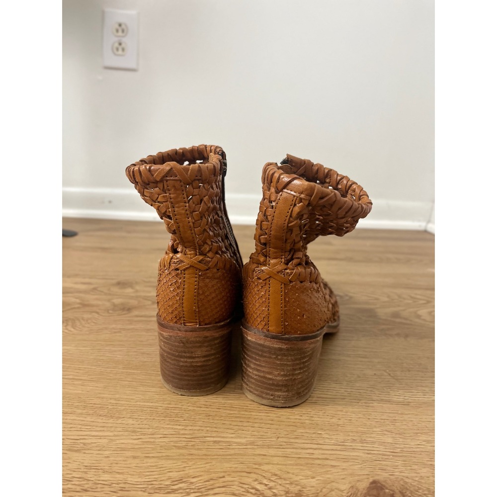 Free People Boho Woven Leather Ankle Boots Women 37 Tan Pointed Toe‎ Block Heel - Picture 4 of 12